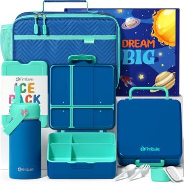 Imagem de Fimibuke Lancheira infantil Bento com 4 compartimentos, lancheira isolada, garrafa de água isolada de aço inoxidável, conjunto de gelo e utensílios, presentes de aniversário para crianças de 3 a 12