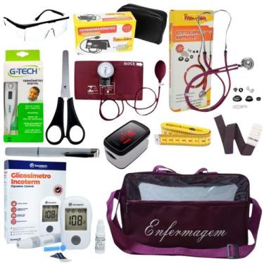 Imagem de Kit de enfermagem com esfigmo esteto medidor de glicose oxímetro e bol