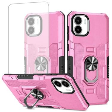 Imagem de Ueokeird Capa para Redmi A1, Redmi A2 220733SI 220733SG Capa com protetor de tela de vidro temperado, proteção resistente com anel de metal suporte magnético capa de telefone para Xiaomi Redmi A1 rosa
