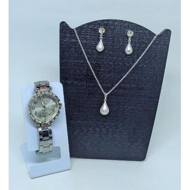 Imagem de Kit Relógio Feminino Aço Inox Strass Pedras Zircônias Analógico Dourad