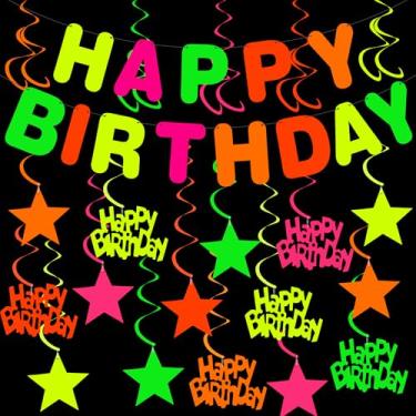 Imagem de 58 peças de decorações de festa de aniversário neon que brilham no escuro faixa de feliz aniversário estrela neon pendurada serpentinas de teto para aniversários, decoração de festa com luz negra