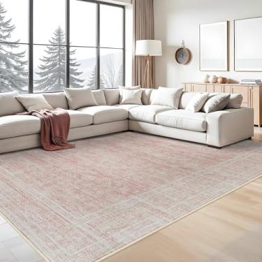 Imagem de Tapete de área oriental lavável - 22 x 30,5 cm para sala de estar, tapete macio para quarto, impermeável, floral, envelhecido, resistente a manchas, resistente a manchas (rosa, 9 x 12)