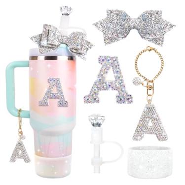 Imagem de Lingdeer Conjunto de acessórios de garrafa de água para Stanley Cup 30 e 1,134 g, pingentes de letras brilhantes, capa de canudo de diamante, bota de silicone com glitter, adesivo personalizado,