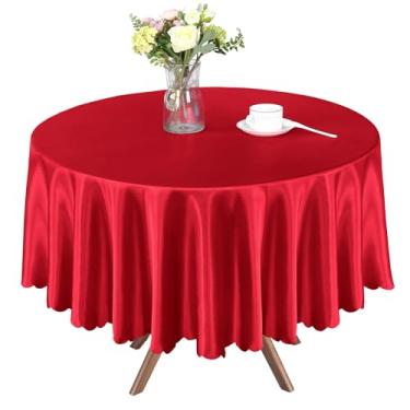 Imagem de Homiest 1 pacote com 1,8 m toalha de mesa redonda de 1,8 m, toalha de mesa vermelha sobreposta, decorações de mesa brilhantes, toalhas de mesa de jantar de cetim sedoso para recepção de casamento,