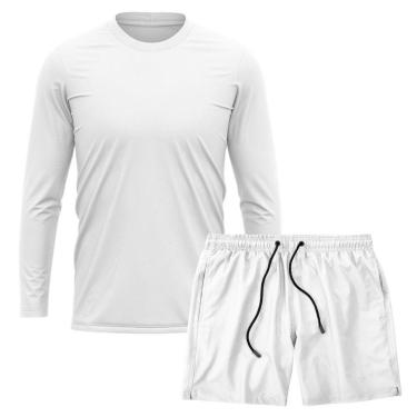 Imagem de Kit Camiseta Manga Longa Dry Branca + Short Tactel Academia Caminhada Gênero:Homem;Tamanho:G;Cor:-Masculino