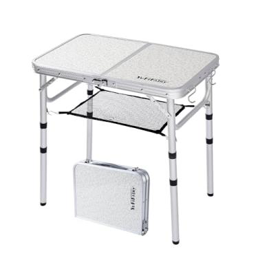 Imagem de Pequena mesa de acampamento dobrável com camada de malha 3 alturas 2 pés, mesa dobrável portátil leve de alumínio com pernas ajustáveis, ótima para trailer, acampamento de carro e piquenique ao ar livre