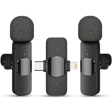 Imagem de Microfone de lapela 2 em 1 sem fio para iPhone, iPad e telefone Android, microfones Laple Plug and Play com redução de ruído, alcance de 1,8 m, microfone de sincronização em tempo real para gravação