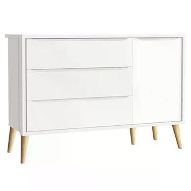 Imagem de Cômoda Infantil Theo 1 Porta E 3 Gavetas Branco Fosco Com Pés Madeira Natural - Reller Móveis Branco Fosco