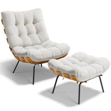 Imagem de Poltrona Costela L02 Com Puff Sala De Estar Bouclê Cru - Lyam Decor