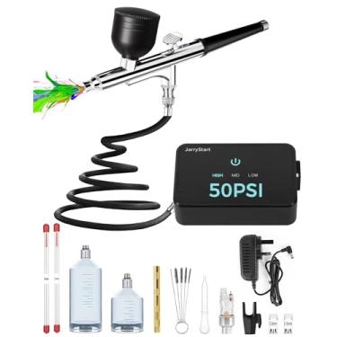 Imagem de JarryStart Kit de aerógrafo com compressor de ar, escova de ar intuitiva de alta pressão de 50 PSI com bicos de 0,2/0,3/0,5 mm e conjuntos de limpeza, perfeita para modelagem, pintura, unhas