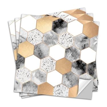 Imagem de funlife 10 peças de azulejo de parede Backsplash para cozinha, banheiro, lavanderia, 15 cm x 15 cm, hexágono branco urbano, terraço, poeira, cinza, rejunte dourado misto