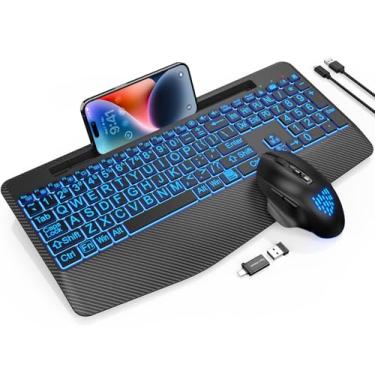 Imagem de Teclado e mouse sem fio, descanso de pulso, mouse de LED, teclado ergonômico recarregável com suporte de telefone, combo de iluminação silenciosa para computador, Mac, PC, laptop, Chromebook