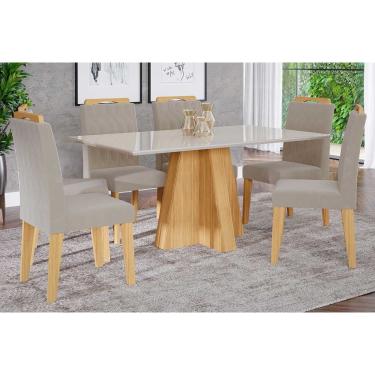 Imagem de Sala de Jantar Completa Patricia c/ Tampo Madeirado c/ Vidro Canto Reto 160x80cm e 6 Cadeiras Paola Madeirado/ Linho Bege - Cimol