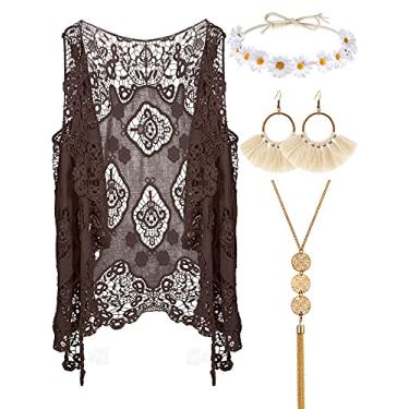 Imagem de WILLBOND 4 peças de roupas de Halloween dos anos 60 e 70 para mulheres, fantasia hippie dos anos 70, acessórios para mulheres, colete hippie com franjas, Caqui, M