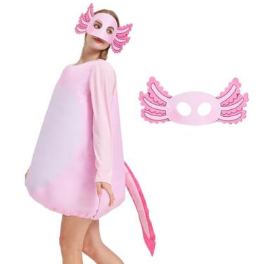 Imagem de AMAMHAHAVA Fantasia de Axolote Adulto Axolote Macacão de Uma Peça com Desenho Animado Axolote Máscara Halloween Animal Cosplay
