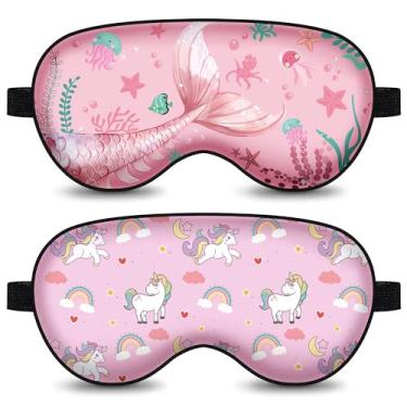 Imagem de Pacote com 2 máscaras de dormir para crianças, linda máscara de dormir de sereia de unicórnio, capa para olhos com alça ajustável, venda macia para meninas, mulheres, festa de viagem em casa, oceano