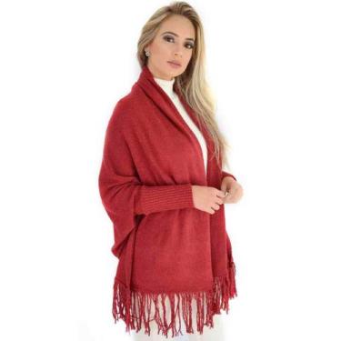Imagem de Casaco Feminino Tricô Capa Kimono Tricot com Franjas Livora Cor:Vermel