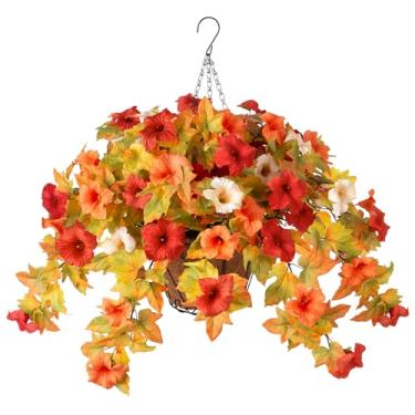 Imagem de Ammyoo Flores artificiais de outono falsas com cestos pendurados para decoração ao ar livre, flores sintéticas de seda, petúnias resistentes a UV para casa, varanda, pátio, jardim, varanda, jardim