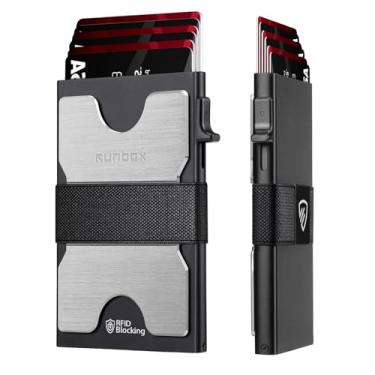 Imagem de Carteira masculina fina com porta-cartões minimalista com bloqueio de RFID com função pop-up, design ultrafino, estojos para cartões de visita de metal para mais de 12 cartões, presentes para homens