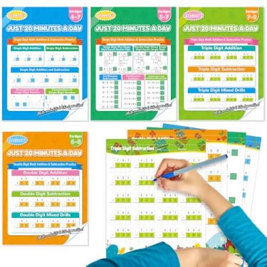 Imagem de Pasta de exercícios de adição e subtração, planilhas matemáticas de dois e três dígitos para pré-escolar a 3ª série, planilhas de adição e subtração para idades de 3 a 9 anos, pacote com 4 para