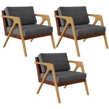 Imagem de Kit 03 Poltronas material sintético Marrom Linho Cinza Escuro - LYAM D