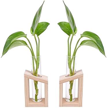Imagem de 2 peças de tubo de teste hidropônico para plantas, moldura de madeira, vaso hidropônico de mesa, estação de propagação de vaso de vidro, uso para decoração de casa e escritório