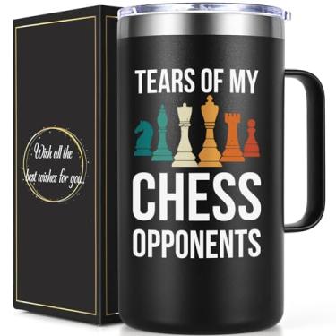 Imagem de Lifecapido Chess Gifts, Tears Of My Opponents Caneca de café isolada de 590 ml com tampa e canudo, presentes para amantes de xadrez de aniversário de Natal para homens pai filho amigos (preto)
