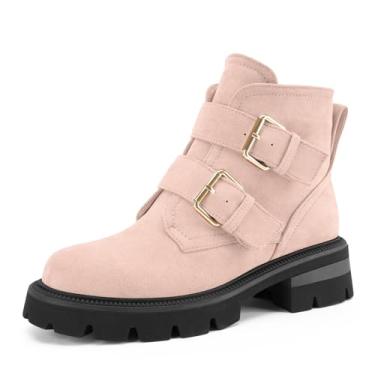 Imagem de Perisis Botas femininas de salto grosso, salto grosso, cano baixo, camurça, plataforma, preta, confortável, com fivela de zíper lateral, Rosa bebê, 38