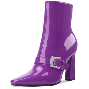 Imagem de Perisis Botas de cano curto, salto alto, grosso, preto, bico quadrado, fechado, curto, com zíper lateral, salto de 10 cm, padrão de crocodilo para mulheres e mulheres sexy, Patente roxo, 38