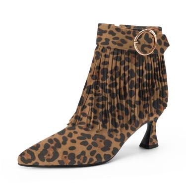 Imagem de Perisis Botas femininas com franjas, salto gatinho, preto, bico fino, camurça, cano curto, com zíper lateral, Leopardo marrom claro, 36