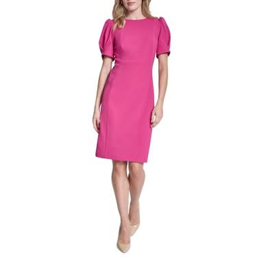 Imagem de DKNY Minivestido feminino de manga curta com bainha de crepe e gola joia, Rosa violeta, 46