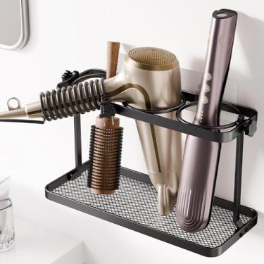 Imagem de Josmimic Suporte organizador de ferramentas de cabelo de altura ajustável – adesivo montado na parede para secador, modelador de cachos, alisador - armazenamento de banheiro em várias posições (preto)