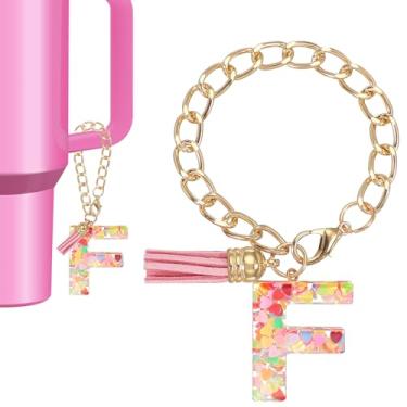 Imagem de Berloque de letras para copo Stanley, lindo pingente inicial F acessórios para chaveiro Stanley Tumbler Handle chaveiro personalizado para mulheres, rosa