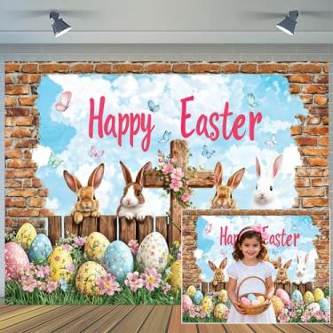 Imagem de Pano de fundo de Páscoa feliz de 3,5 x 2,5 m, coelhinho, ovos pastel, borboleta, tijolo, parede, fotografia, decoração de primavera, festa de Páscoa, para sessão de fotos de família, adereços de