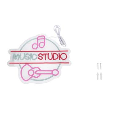 Imagem de Estúdio de música led sinal regulável rosa acrílico parede decoração da porta carta luz com padrão guitarra para concerto ao vivo clube bar quarto