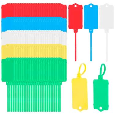 Imagem de 150 etiquetas de plástico para envio de 3,5 cm x 6,5 cm, etiquetas para pendurar à prova d'água com alça de vedação, etiquetas de etiquetas de cabos de envio para bagagem, chaves, logística