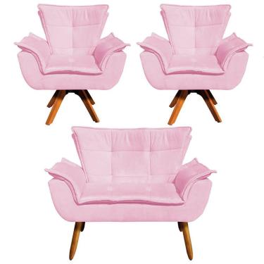 Imagem de Kit 01 Namoradeira E 02 Poltronas Opala Suede Rosa Bebê