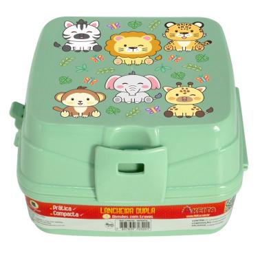 Imagem de Lancheira Porta Sanduíche Sanduicheira Dupla Com Divisórias Verde Bichinhos