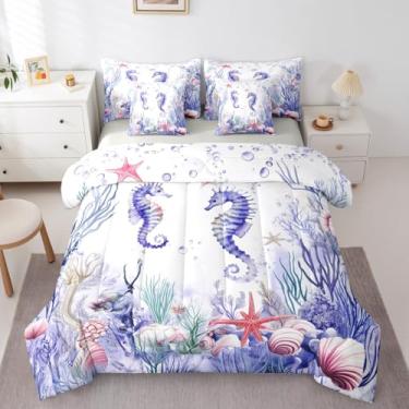 Imagem de Conjunto de edredom de 7 peças náutico costeiro roxo em uma bolsa, conjunto de cama com tema oceânico, crianças, adolescentes, adultos, cavalo-marinho, estrela-do-mar, concha e lençol
