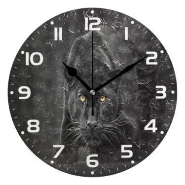 Imagem de JUZIHAI Cool Panther Relógio de parede preto leopardo silencioso sem tique-taque relógios de parede redondos operados por bateria relógio fácil de ler relógio decorativo de parede para casa cozinha