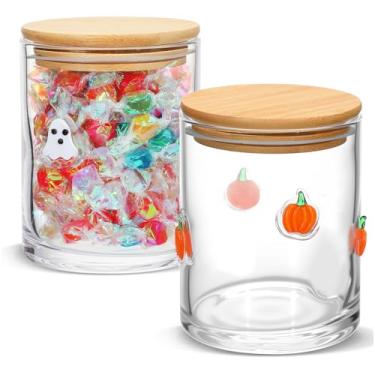 Imagem de Suclain 2 potes de vidro com ícones de Halloween com tampas – pote de armazenamento de doces com ícone de abóbora, biscoitos, açúcar, especiarias, recipiente hermético de alimentos para festa, dia de