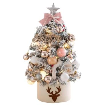 Imagem de Mini árvore de Natal flocada artificial de 61 cm, árvore de Natal de mesa com ornamentos pendurados para decoração de casa de férias, planta artificial (branca)