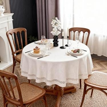 Imagem de Toalha de mesa de algodão natural de linho, toalha de mesa retangular com recortes decorativos, resistente a manchas e sem rugas, para mesa de jantar, fazenda e cozinha (linho de algodão natural, 152