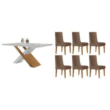 Imagem de Sala Jantar Mesa Imperatriz Tampo c/ Vidro Curvo 180cm+6 Cadeiras Dakota Madeira Naturale/Off White - Capuccino/Corano Capuccino - Rufato