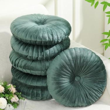 Imagem de WovWeave Conjunto de 6 almofadas redondas a granel almofadas decorativas de veludo de abóbora de 35 cm, almofadas vintage para sofá, poltrona, sala de estar, cama, decoração de sala de aula (verde)