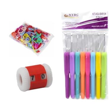Imagem de Kit Crochê Completo 8 Agulhas Cabo Emborrachado + 100 Marcadores de Ponto Newz + Contador Manual Vermelho Tricô Amigurumi Artesanato