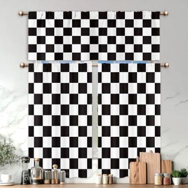 Imagem de Mitpok Conjunto de Cortinas de Cozinha Xadrez Pretas e Brancas, 3 peças, Conjunto de Cortinas Curtas Xadrez 91 cm e Conjunto de Decoração de Quarto de Fazenda Rústica Pequeno Café com 3 Painéis para