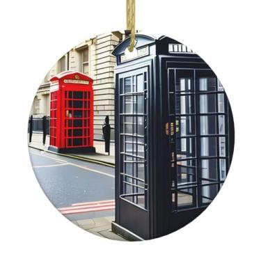 Imagem de Cabine telefônica estampada de cerâmica de Natal pendurada redonda, pingentes de porcelana, decoração criativa de Natal