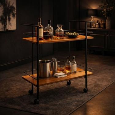 Imagem de Bar Móvel Carrinho Organizador Rodinhas Mel Preto Industrial - LaCasaM