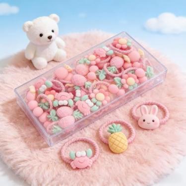 Imagem de 30 faixas de cabelo coloridas elásticas de rabo de cavalo, laços de cabelo, laços de cabelo pequenos de desenho animado, presente infantil (rosa)